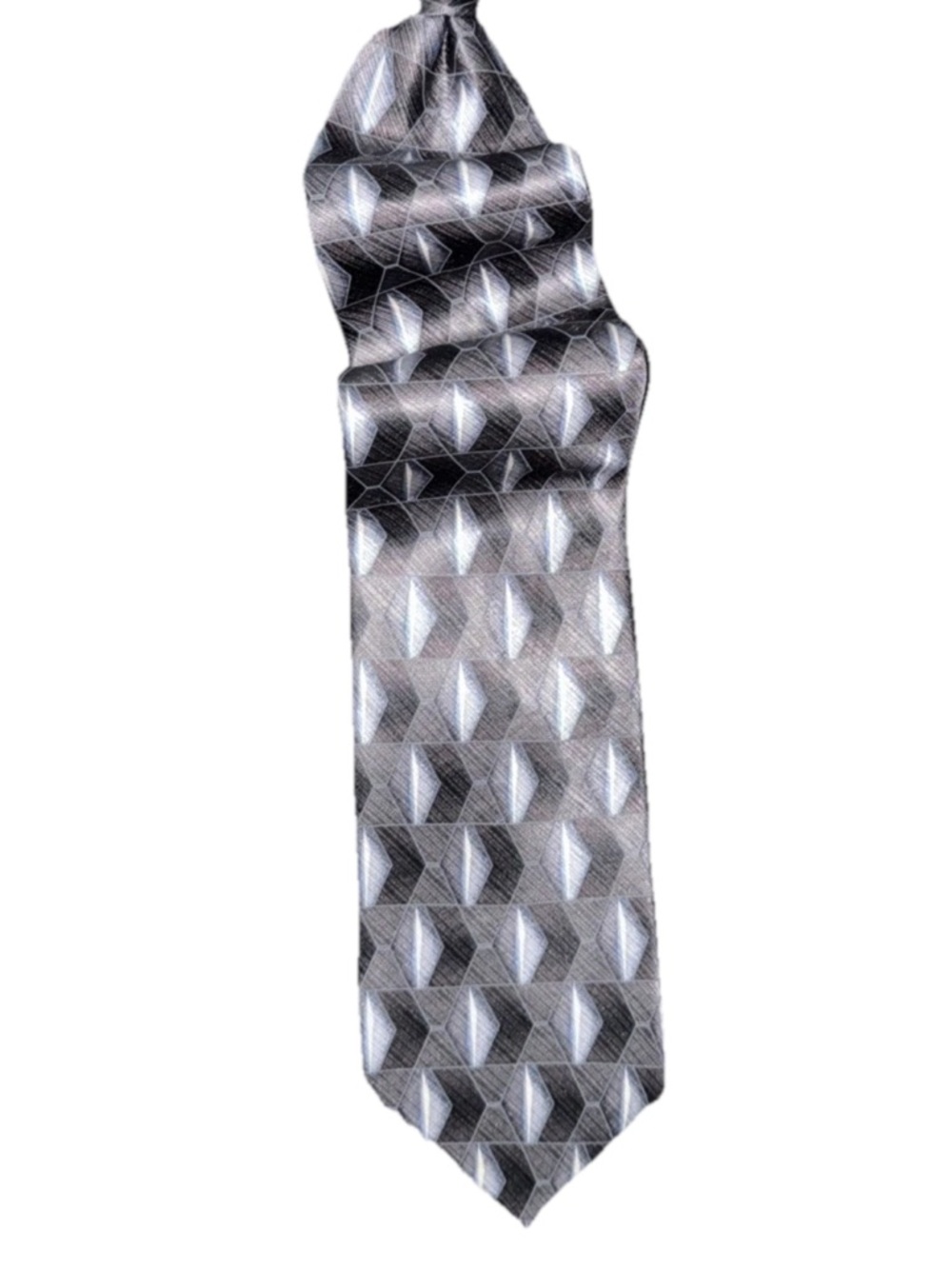 Umo Lorenzo Italy Men’s Neck Zipper Tie 100% Silk Gray & White Geometric Pattern